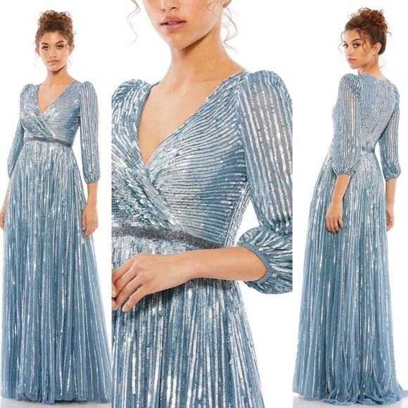 Mac Duggal NWT Sequin Wrap Over 3/4 Sleeve Slate Blue Dress 5509 size 18 - Picture 3 of 10